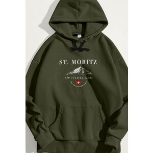Mikina s Kapucí, Barva Khaki, s Potiskem St. Moritz Swiss Ski Club obraz