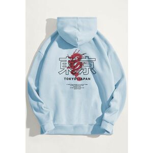 Mikina s Kapucí, Barva Nebesky Modrá , s Potiskem Japanese Dragon obraz