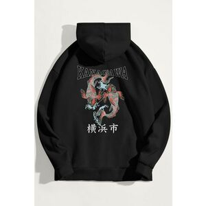 Mikina s Kapucí, Barva Černá, s Potiskem Kanagawa obraz