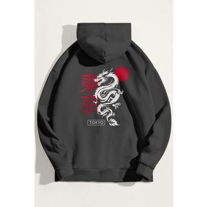 Mikina s Kapucí, Barva Železitě Šedá, s Potiskem Tokyo Rising Dragon obraz