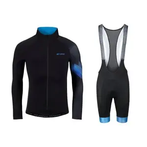 Force RIDGE černo-modrý cyklistický dres - dlouhý rukáv + Force STRIPE černo-modré cyklokraťasy - S obraz