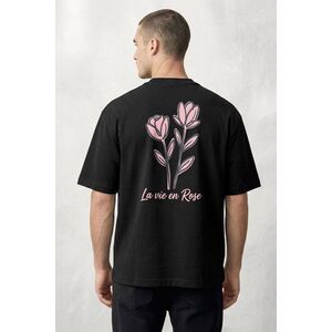 Oversized Tričko, Barva Černá, s Potiskem Pink Rose Line Art obraz