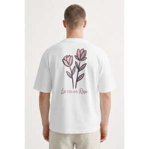 Oversized Tričko, Barva Bílá, s Potiskem Pink Rose Line Art obraz