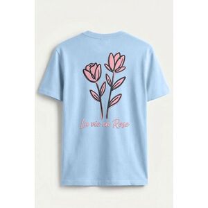 Tričko, Barva Nebesky Modrá, s Potiskem Pink Rose Line Art obraz
